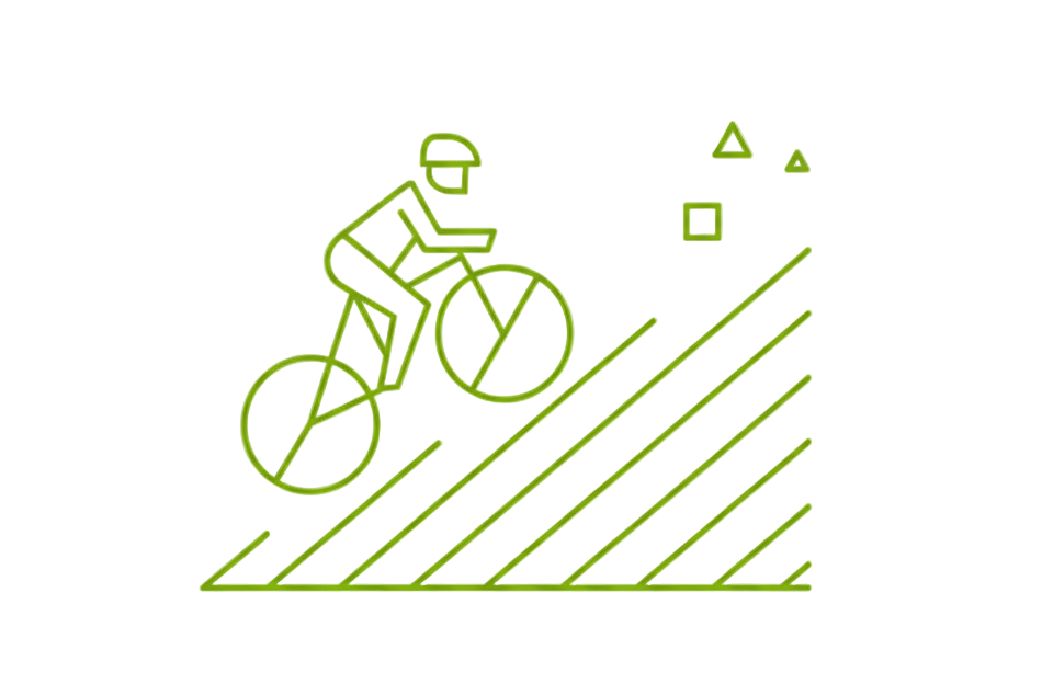 create a lime green icon that shows a biker escalating or going up a mountain, the icon should be only thin lines and no background 