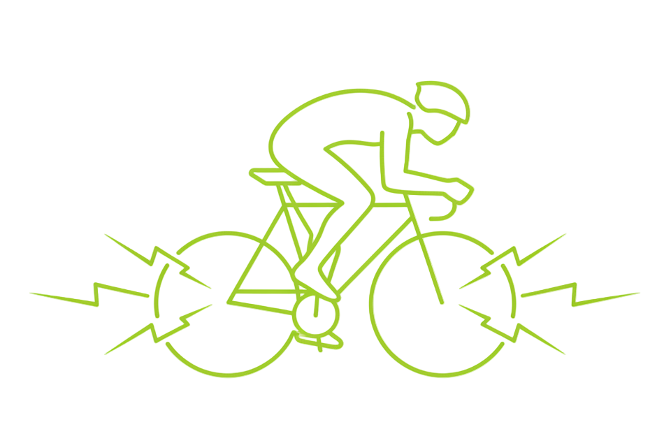 create a lime green icon that shows a biker putting a lot of effort / watts in legs (lightning), the icon should be only thin lines and no background 