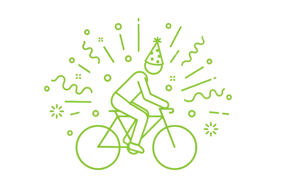create a thin line icon, lime green, no background of a biker with a birthday hat and the party emoji