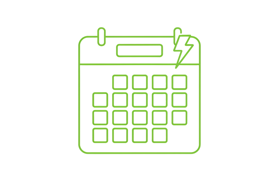 create a thin line icon, lime green, no background of a calendar with a lightning on the top right corner