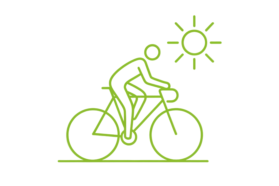 create a thin line icon, lime green, no background of a cyclist riding alone and the sun on the right upper side pointing towards cyclist