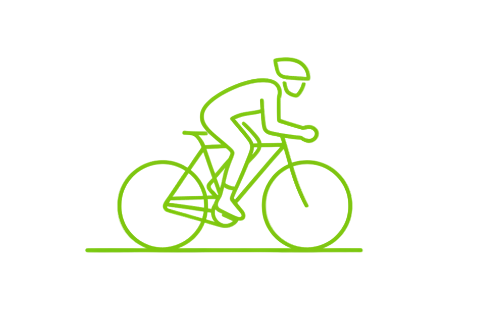create a thin line icon, lime green, no background of a cyclist riding alone 